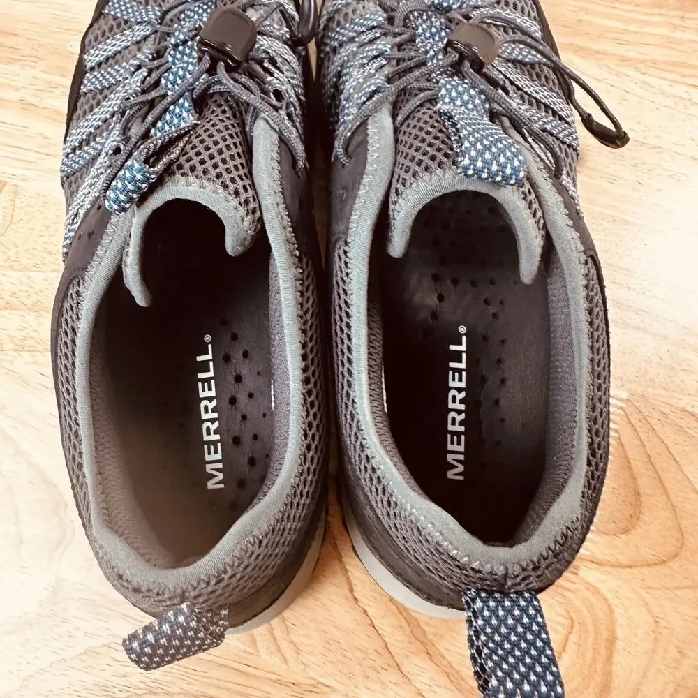 Merrill Wildwood Aerosport Men’s 9 Hiking Trail Shoes Rock Gray Blue Bungee Lace